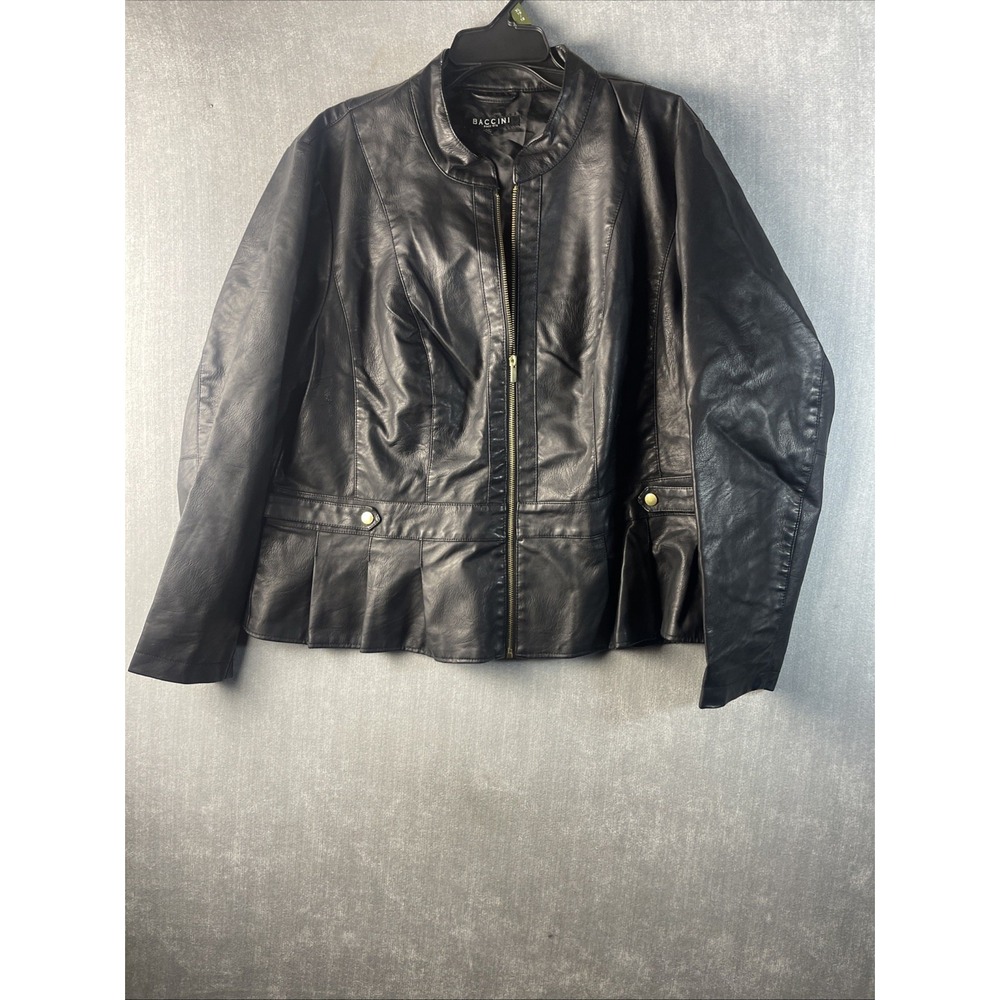 Baccini Women's Black Vegan Faux Leather Peplum Zip-Up Jacket Size 2X Use